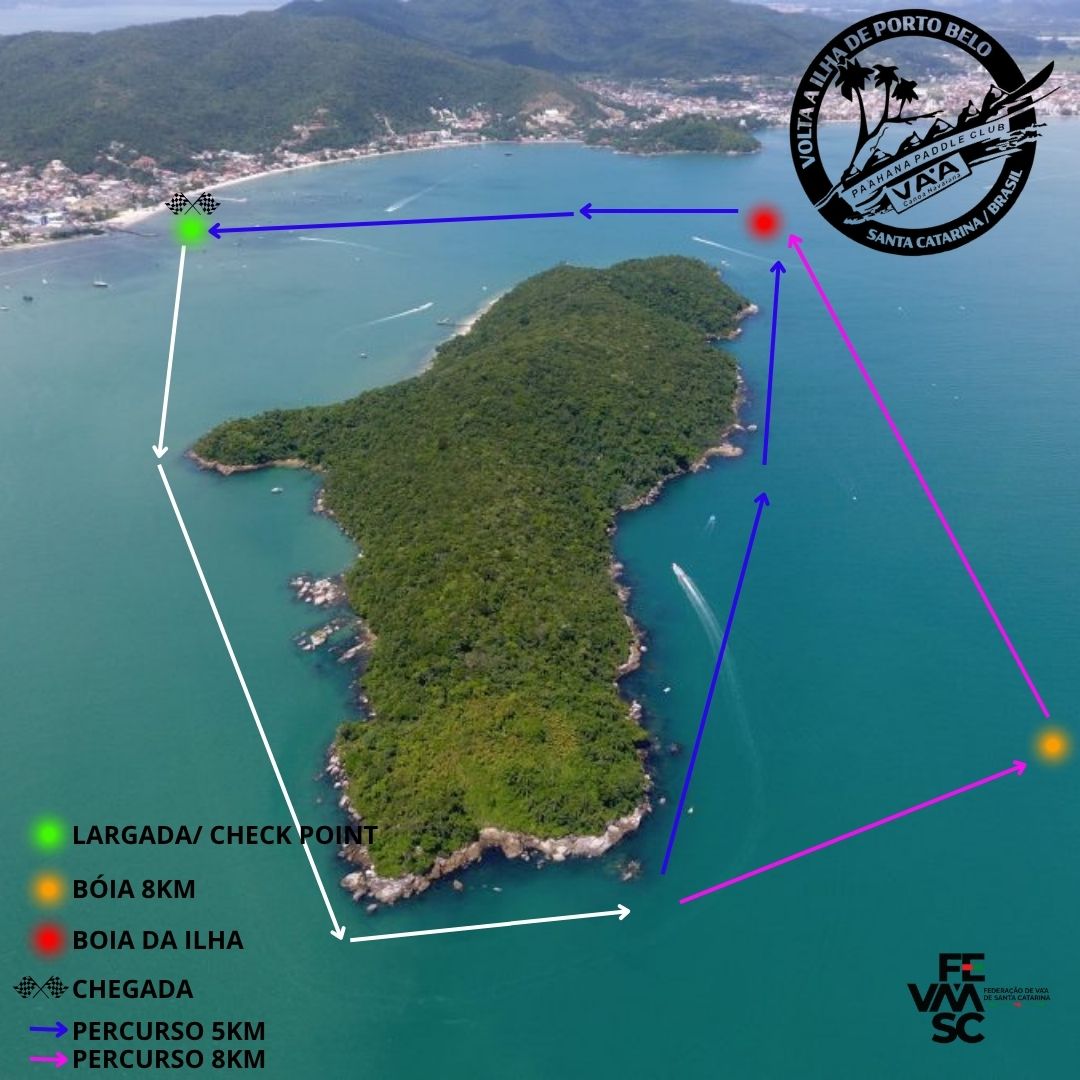 Foto aérea do percurso da Volta à Ilha de Porto Belo, com largada e chegada na praia, bóia da ilha, bóia de 8 km e os dois trajetos marcados