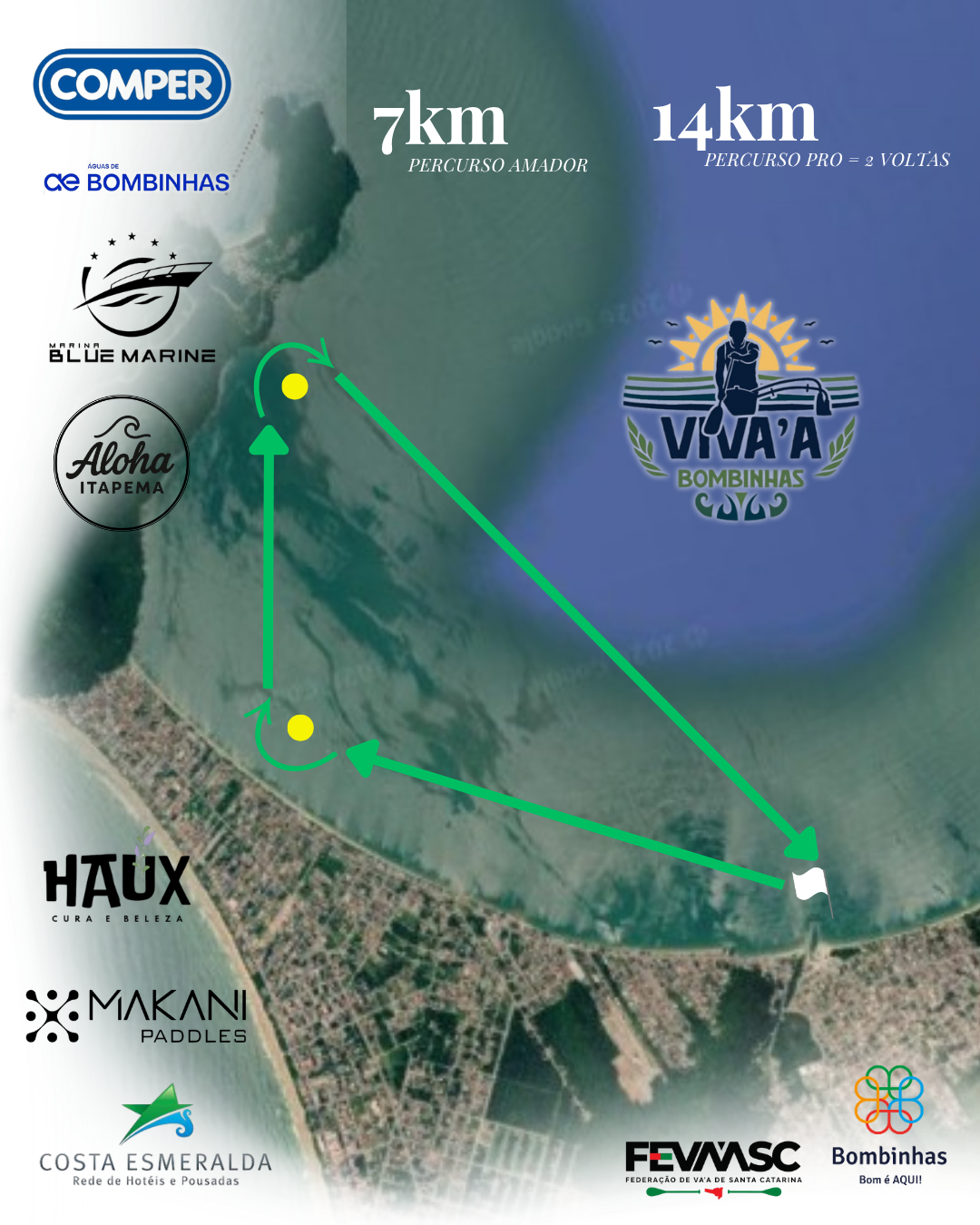 Mapa do percurso de 7 km (amador) e 14 km (pro, duas voltas) na Praia de Zimbros